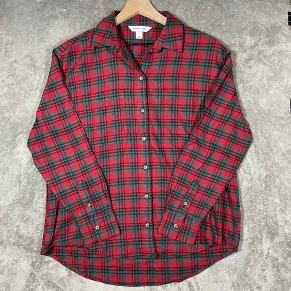 Old Navy Womens New Flannel Boyfriend Button-Down Shirt Red Green Plaid Size L